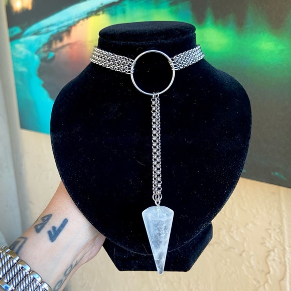 Crystal quartz necklace . Lariat Y shape crystal quartz pendulum choker boho gem - Picture 4 of 13